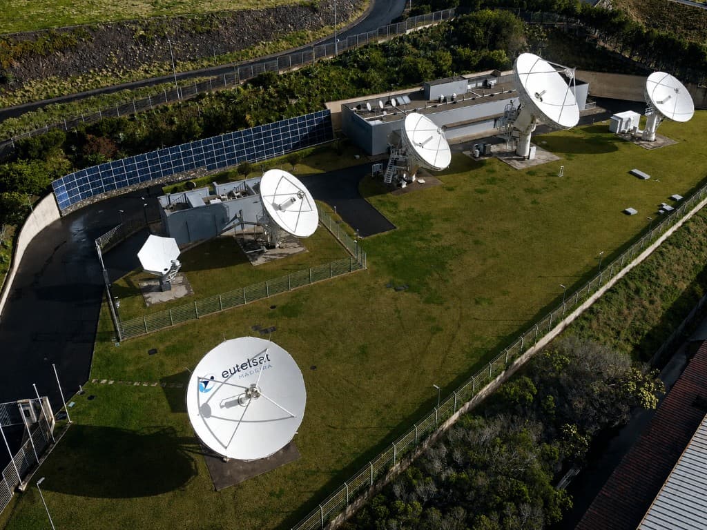 Satellite dish farm on a hillside ground station