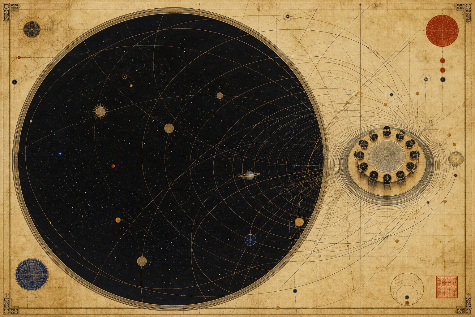 Engraved celestial atlas showing orbital paths converging on a distant gathering